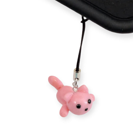 Kawaii Pink Cat Phone Charm: Handmade Polymer Clay Accessory