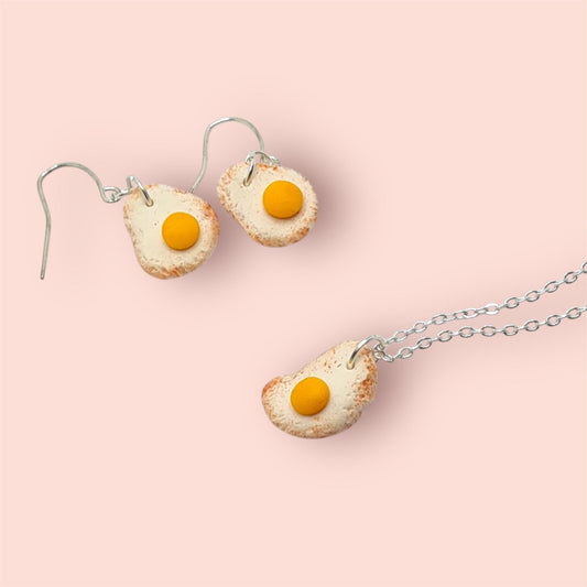 Kawaii Fried Egg Jewellery Set - Handmade Polymer Clay Necklace & Earrings