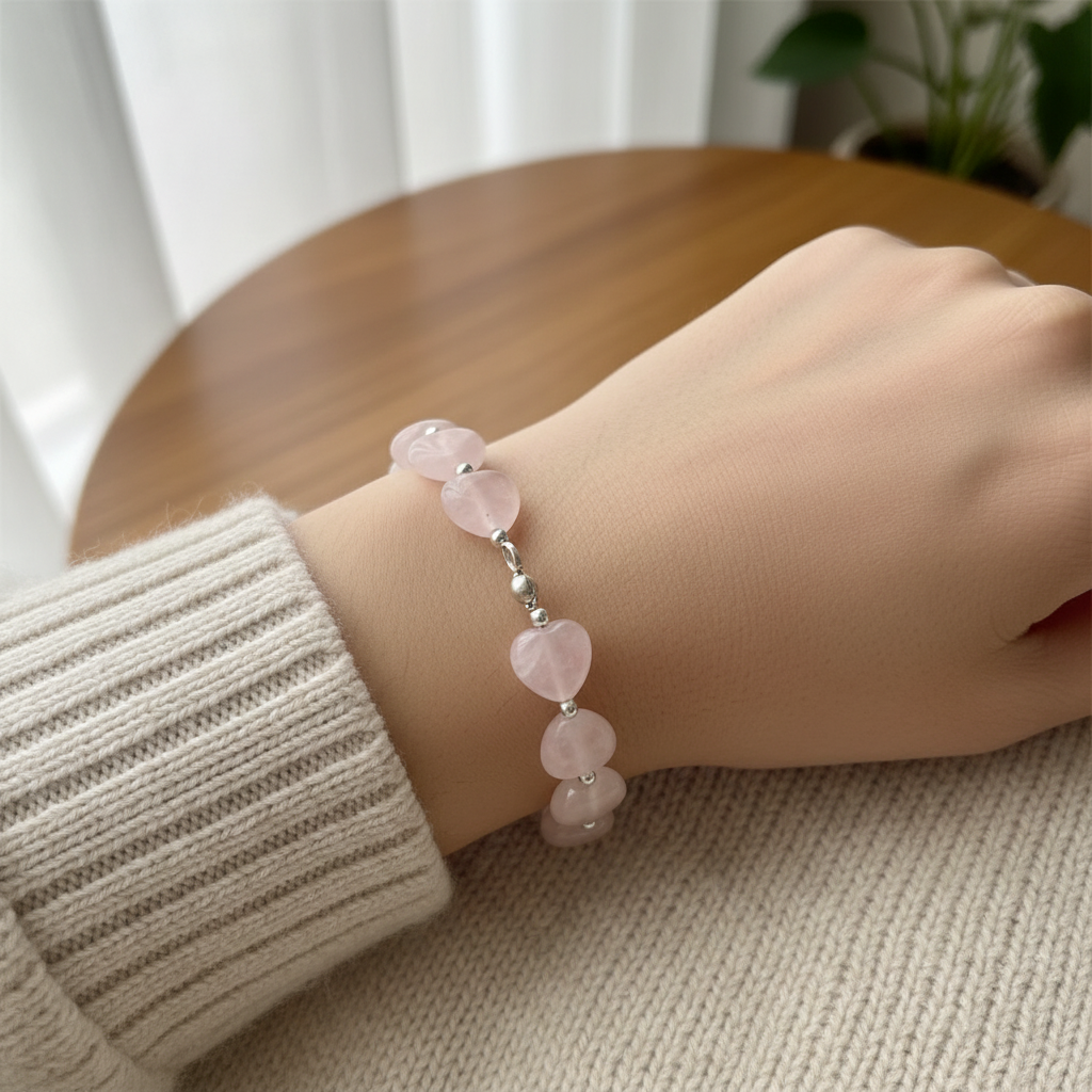 Rose quartz heart bracelet worn on wrist - adjustable silver plated crystal jewellery on wooden background