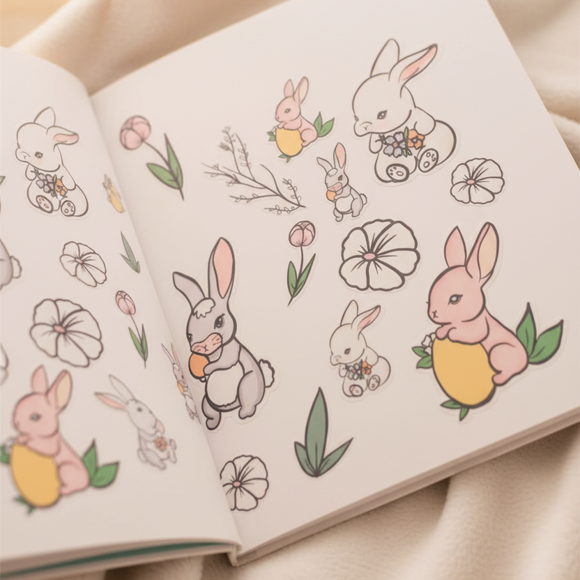 Open book with rabbit and flower illustrated stickers on a beige background