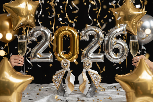 Statement polymer clay drop earrings with crystals displayed against 2026 New Year's Eve celebration backdrop with gold and silver confetti