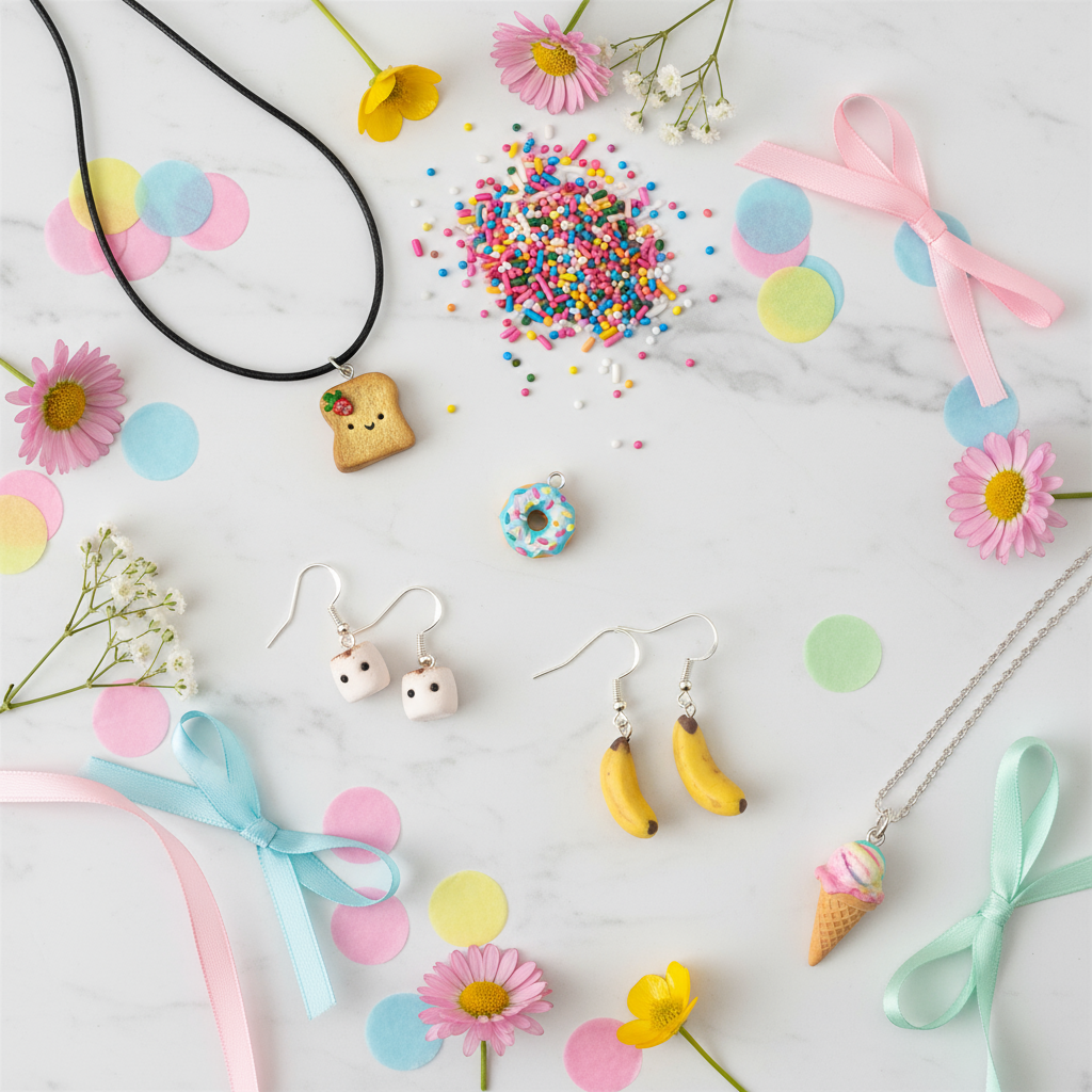 Miniature food jewellery on a fun and colourful flat lay with flowers and confetti 