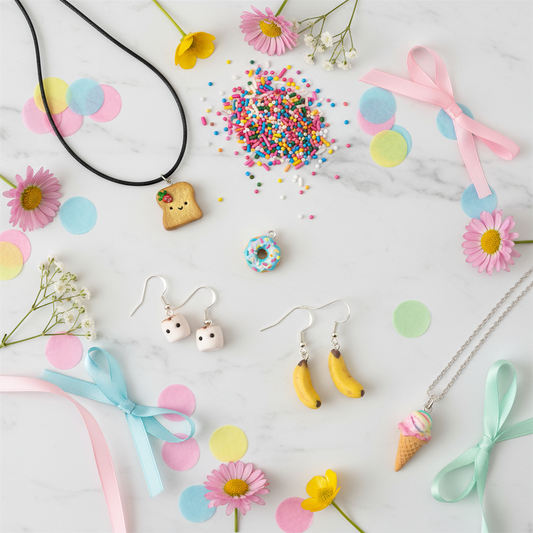 Miniature food jewellery on a fun and colourful flat lay with flowers and confetti 