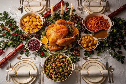 Handmade Christmas food jewellery collection including mince pie earrings, hot chocolate necklace and Brussels sprout earrings on festive background
