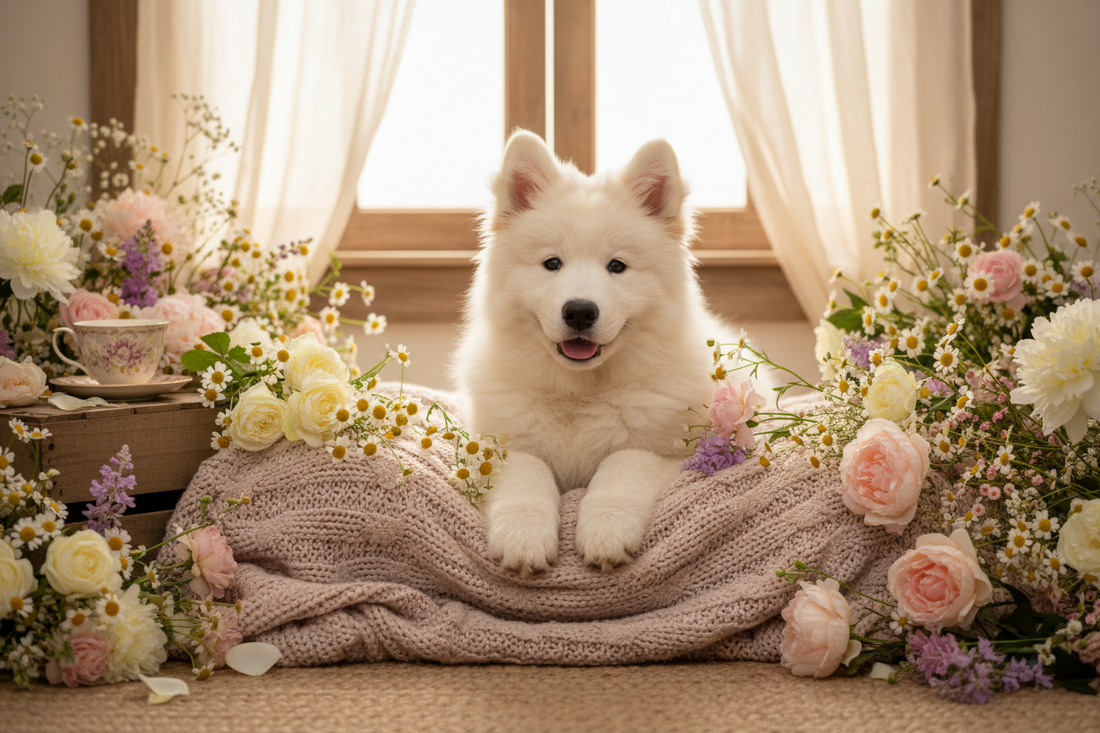 Cute dog with flowers