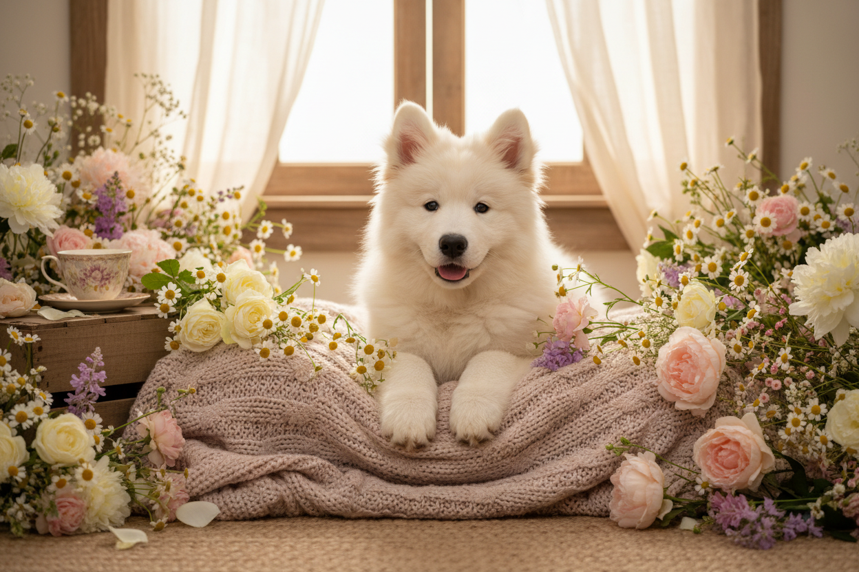 Cute dog with flowers