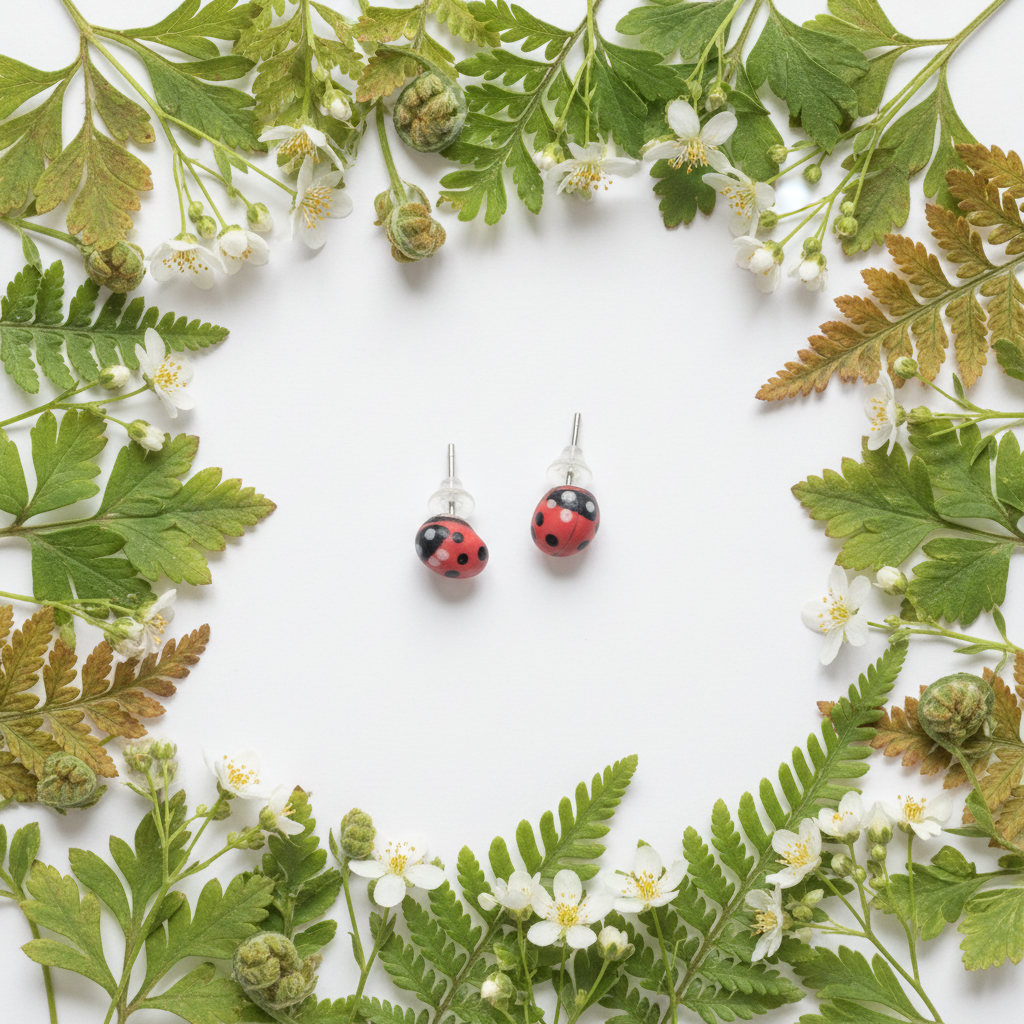 Handmade ladybird stud earrings on a leafy backdrop