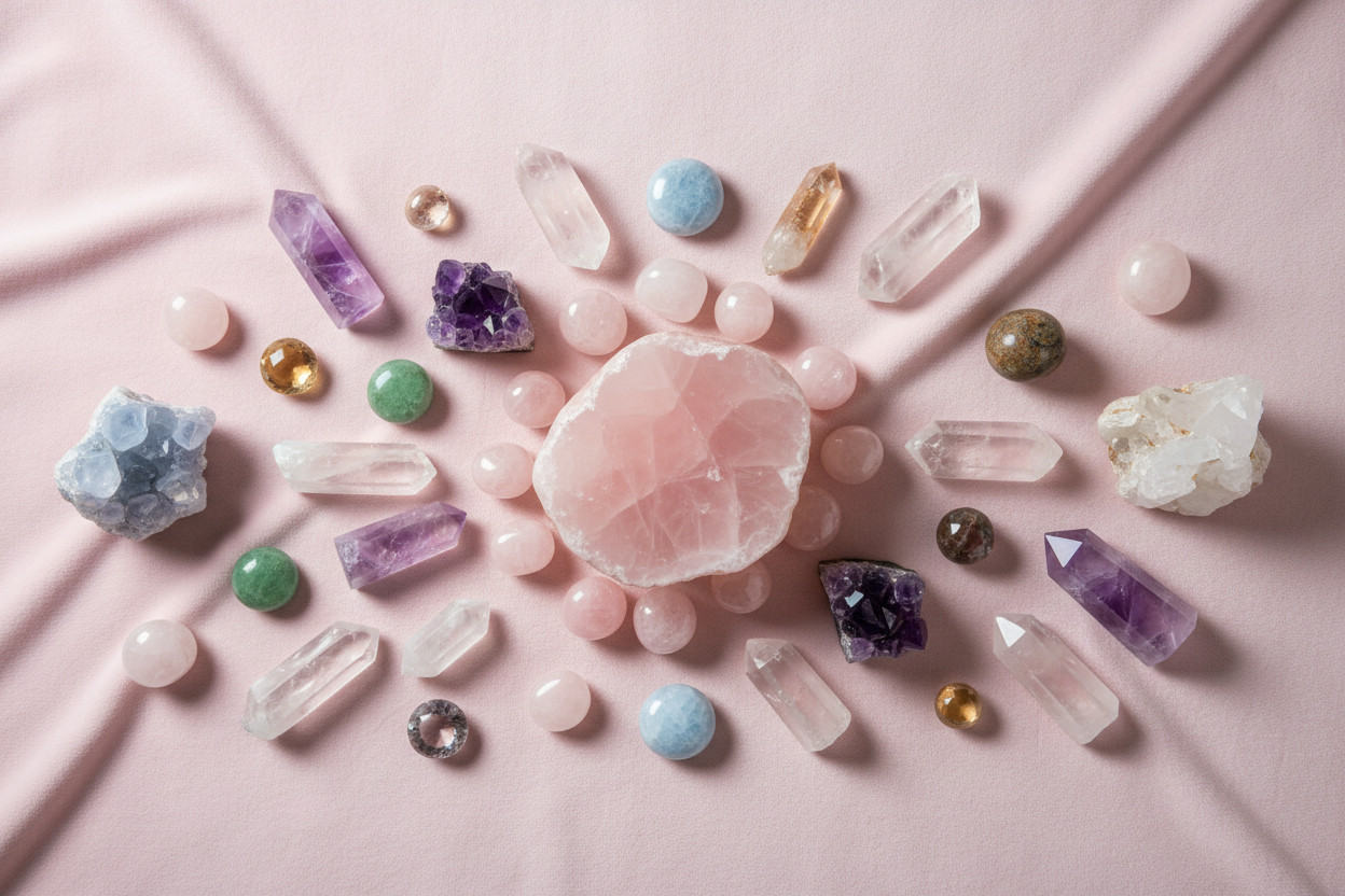 Gemstone jewellery collection featuring rose quartz, amethyst and natural crystals on soft pink background
