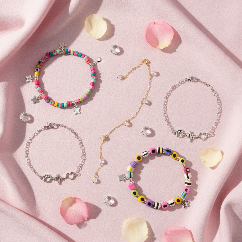Handmade bracelets collection featuring crystal, polymer clay and charm designs on soft pink background