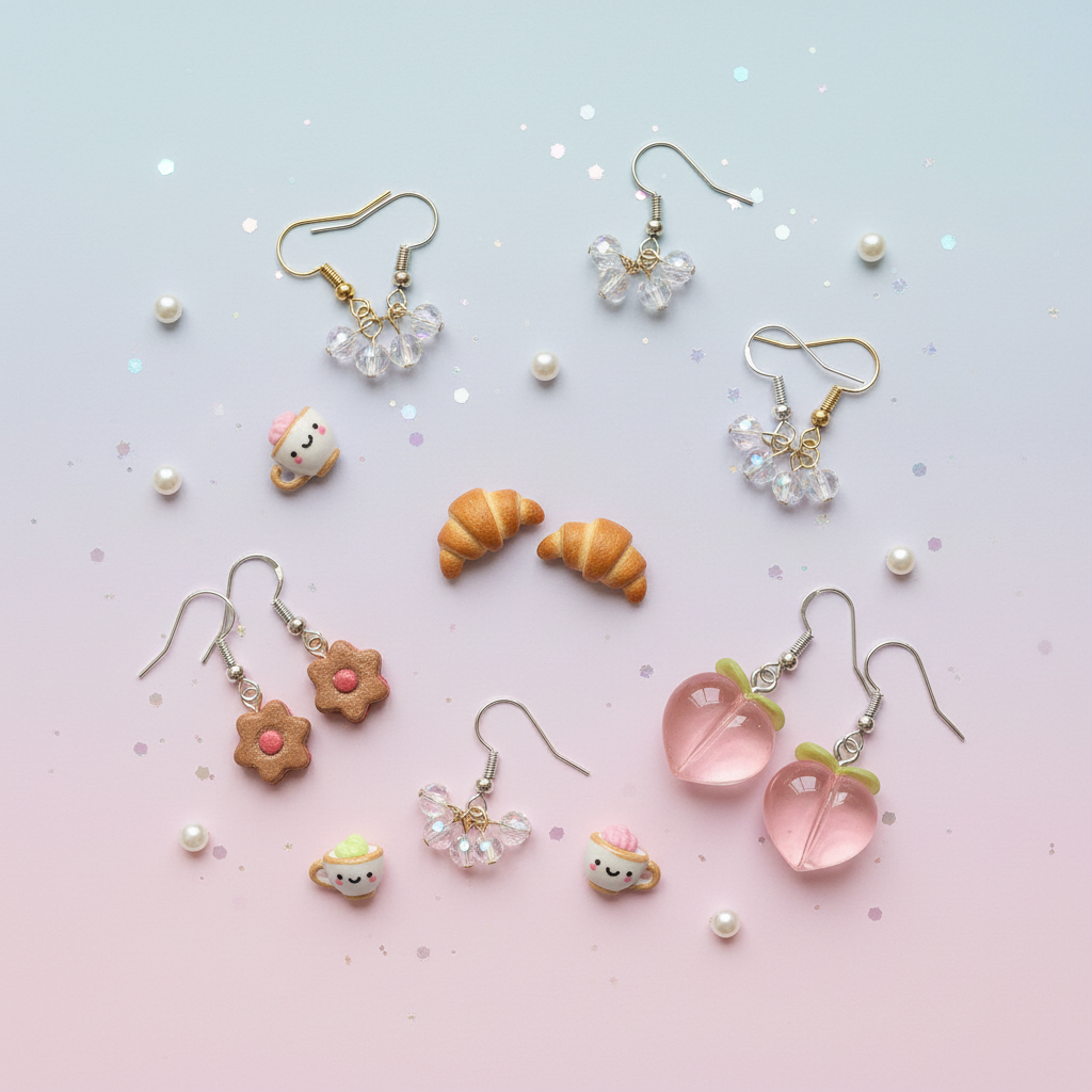 Handmade earrings collection featuring polymer clay kawaii designs and crystal studs on soft pink background