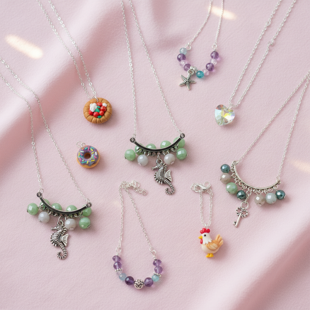 Handmade necklaces collection featuring polymer clay kawaii designs and crystal pendants on soft pink background