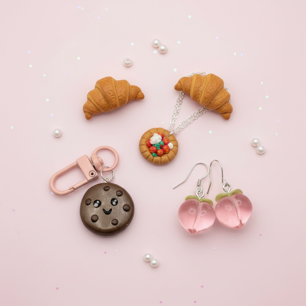 Kawaii miniature food jewellery collection featuring handmade polymer clay croissants, strawberries and sweet treats on soft pink background