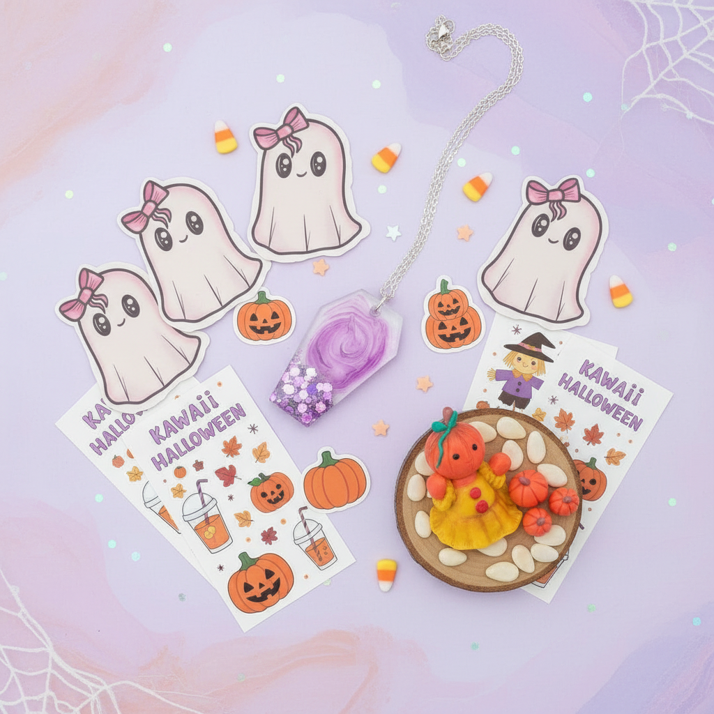 Kawaii Halloween jewellery and gifts collection featuring spooky polymer clay ghosts, pumpkins and festive accessories