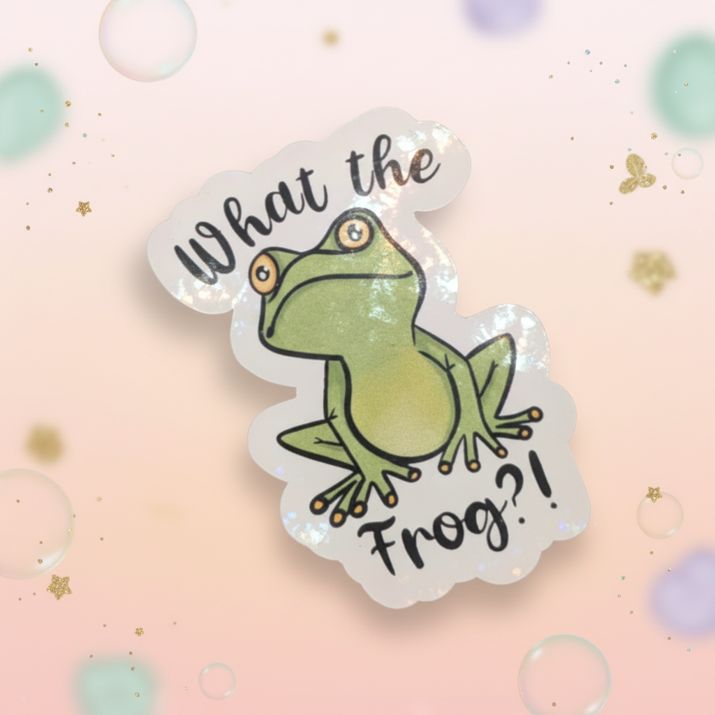 What the Frog glossy die-cut sticker with funny pun and cute green frog illustration on pastel pink background