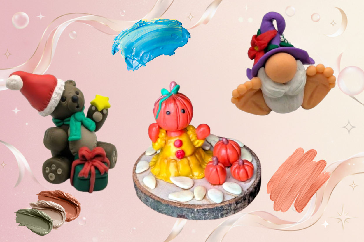 Handmade polymer clay Christmas ornaments including festive bear with Santa hat and gift, pumpkin character in yellow dress, purple wizard gnome with wings, and colorful paint swatches on pastel pink background