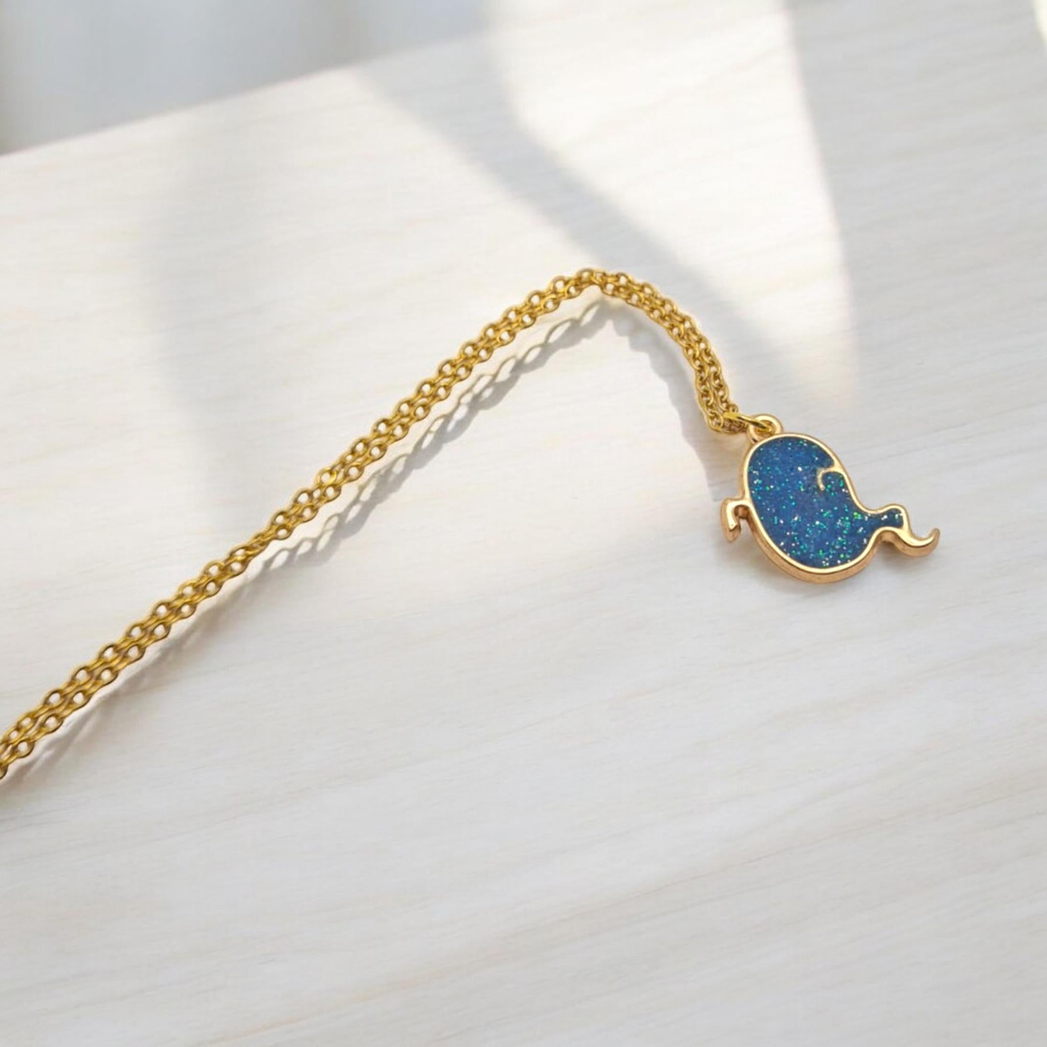 Handmade Blue Glitter Resin Ghost Necklace - Gold Plated Chain