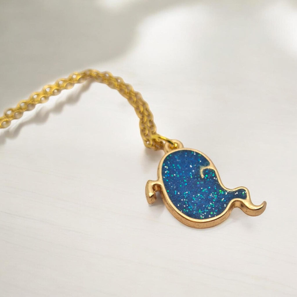 Handmade Blue Glitter Resin Ghost Necklace - Gold Plated Chain