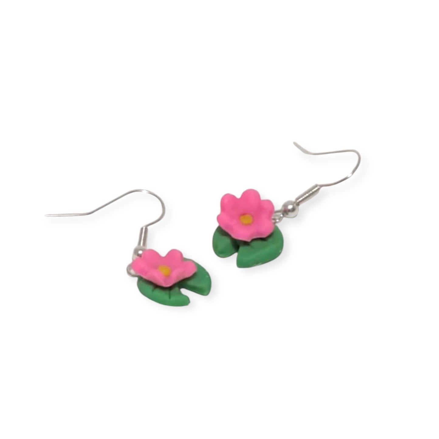 Polymer Clay Lily Pad Earrings - Pink Flower Dangle, Kawaii Jewellery