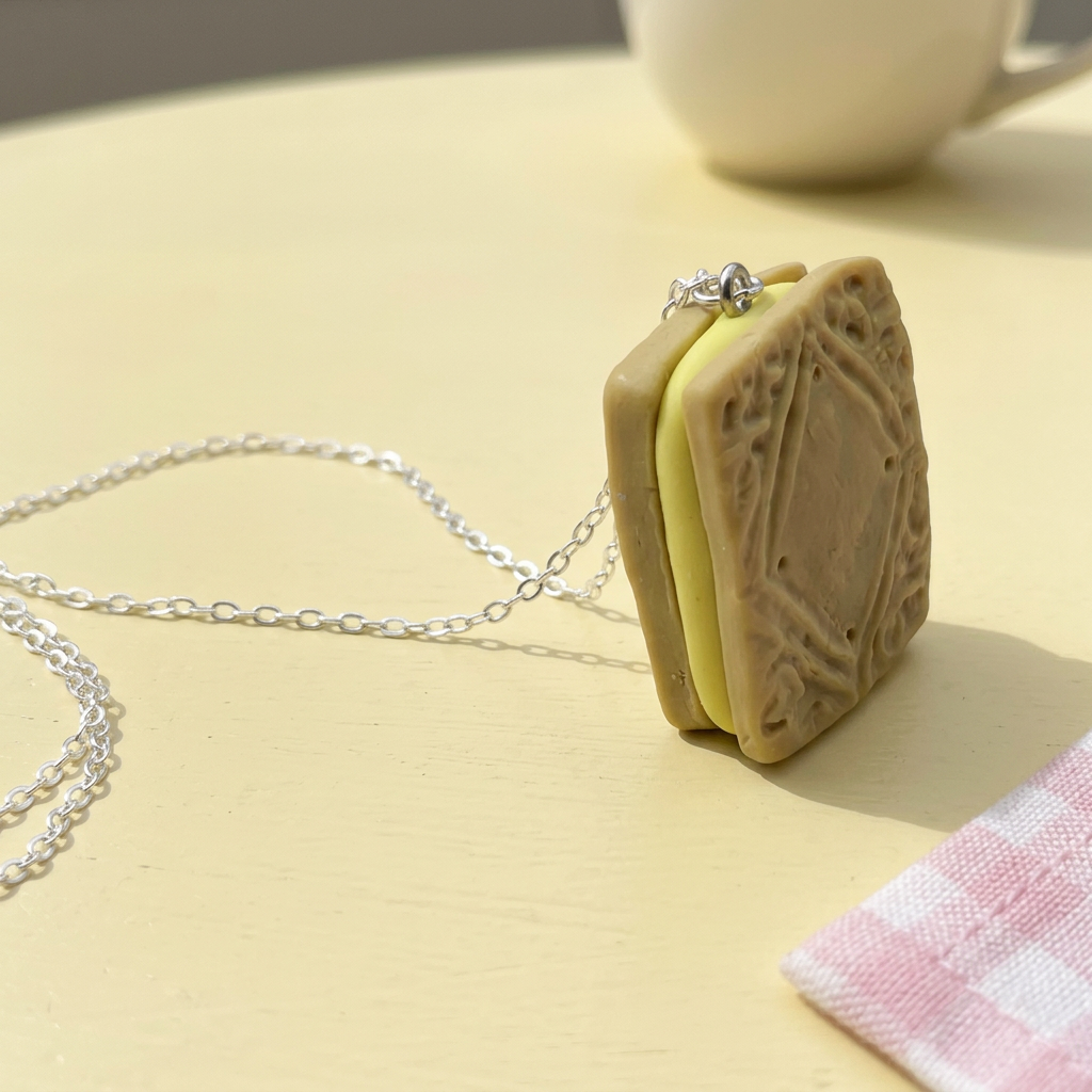 Handmade polymer clay custard cream biscuit necklace gift for Christmas British food jewellery 