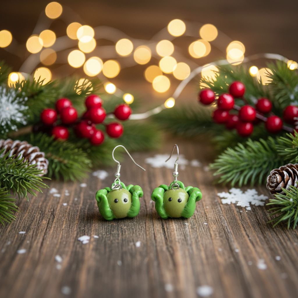 Green sprout shaped earrings on a wooden surface with Christmas decor 