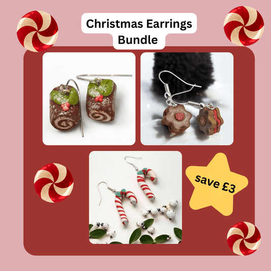 Collage of Christmas-themed earrings with decorative border and promotional text on a pink background.