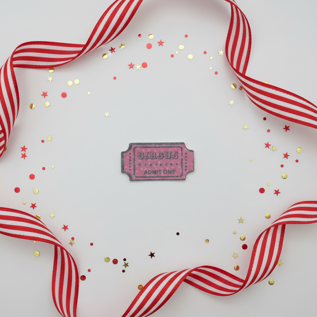 Laminated circus stump ticket sticker, whimsical big top style accessory for phone or laptop