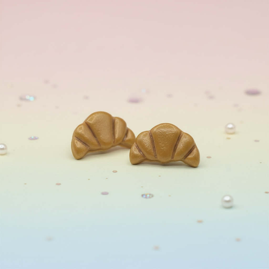Kawaii croissant stud earrings on gradient background - miniature food jewellery

