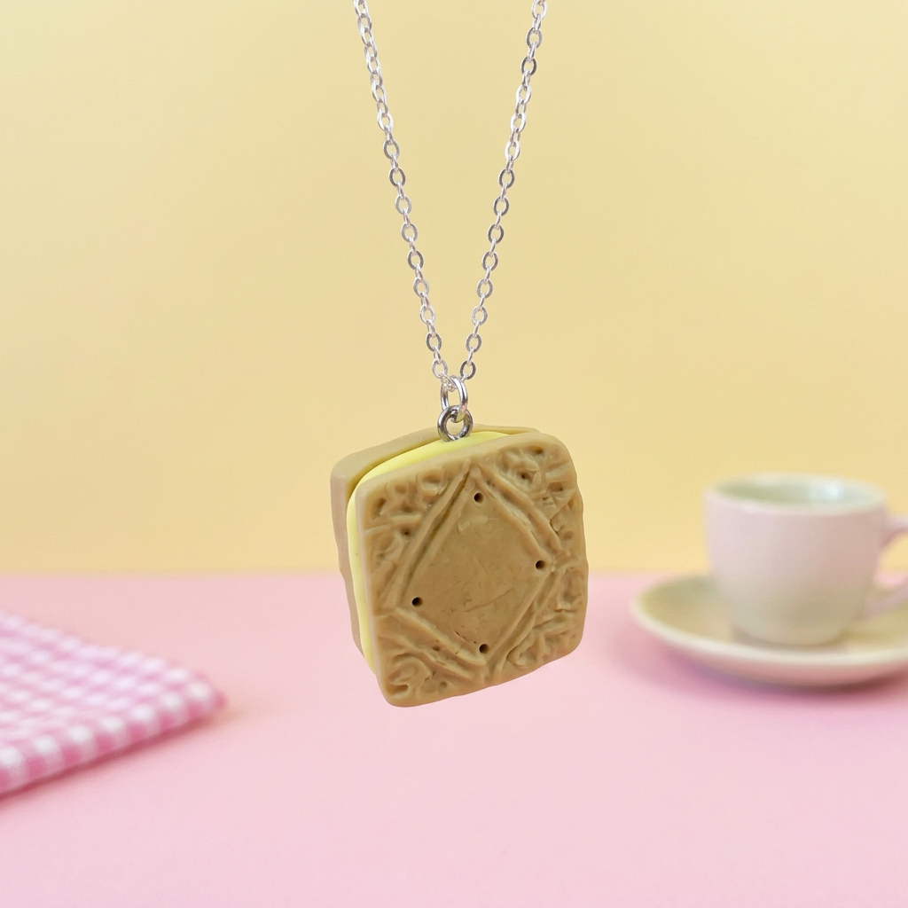 Miniature food custard cream biscuit necklace polymer clay jewellery gift for sweet tooth 