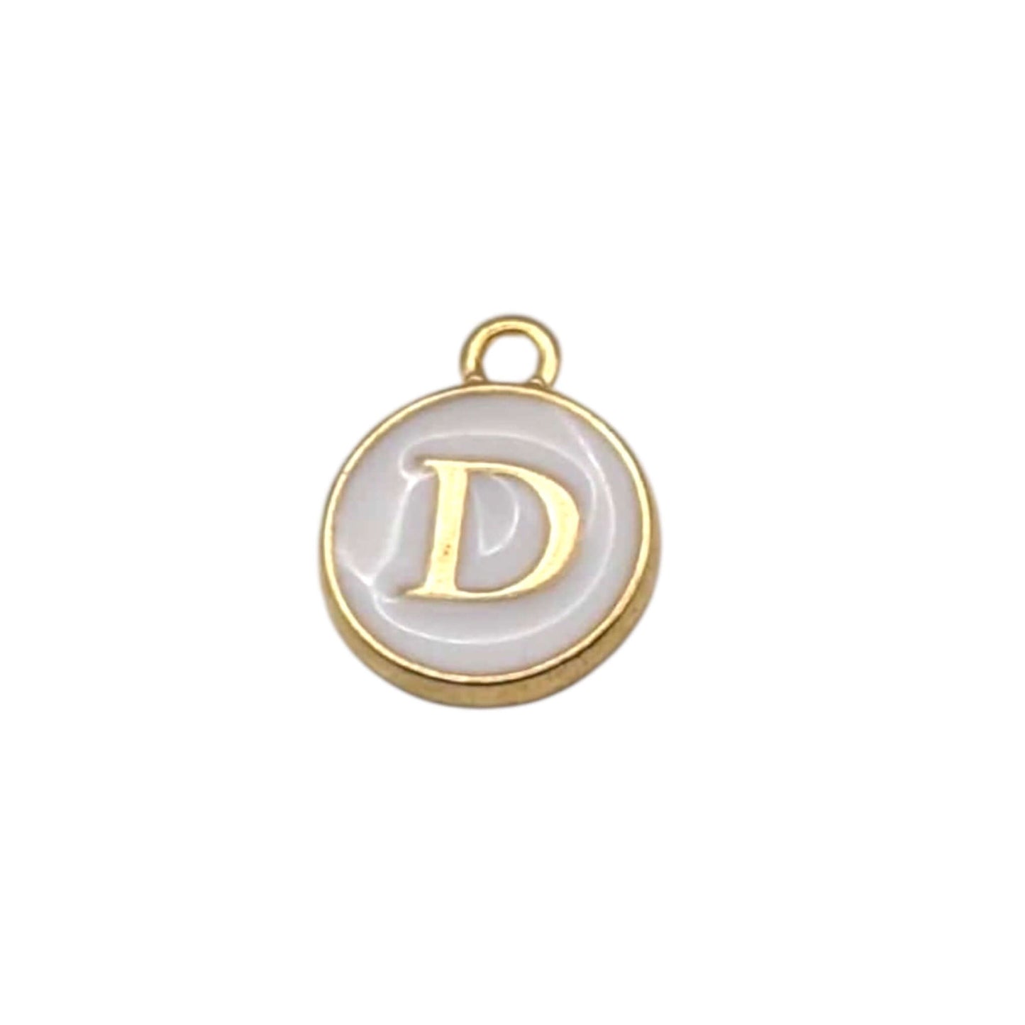 Gold charm with letter 'D' on a white background