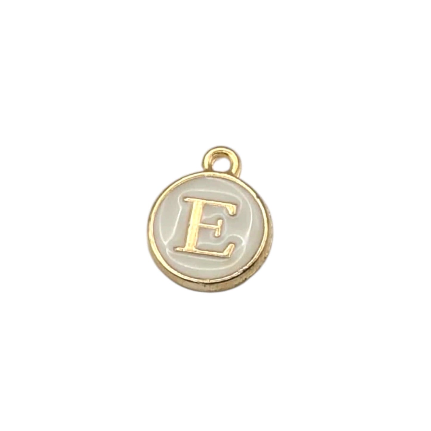 Gold charm with letter 'E' on a white background