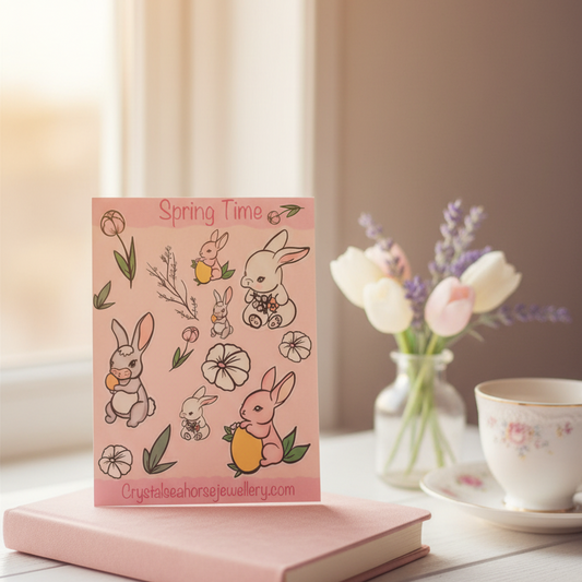 Pink Sticker sheet  with 'Spring Time' design featuring bunnies and flowers on a table with a cup and flowers.