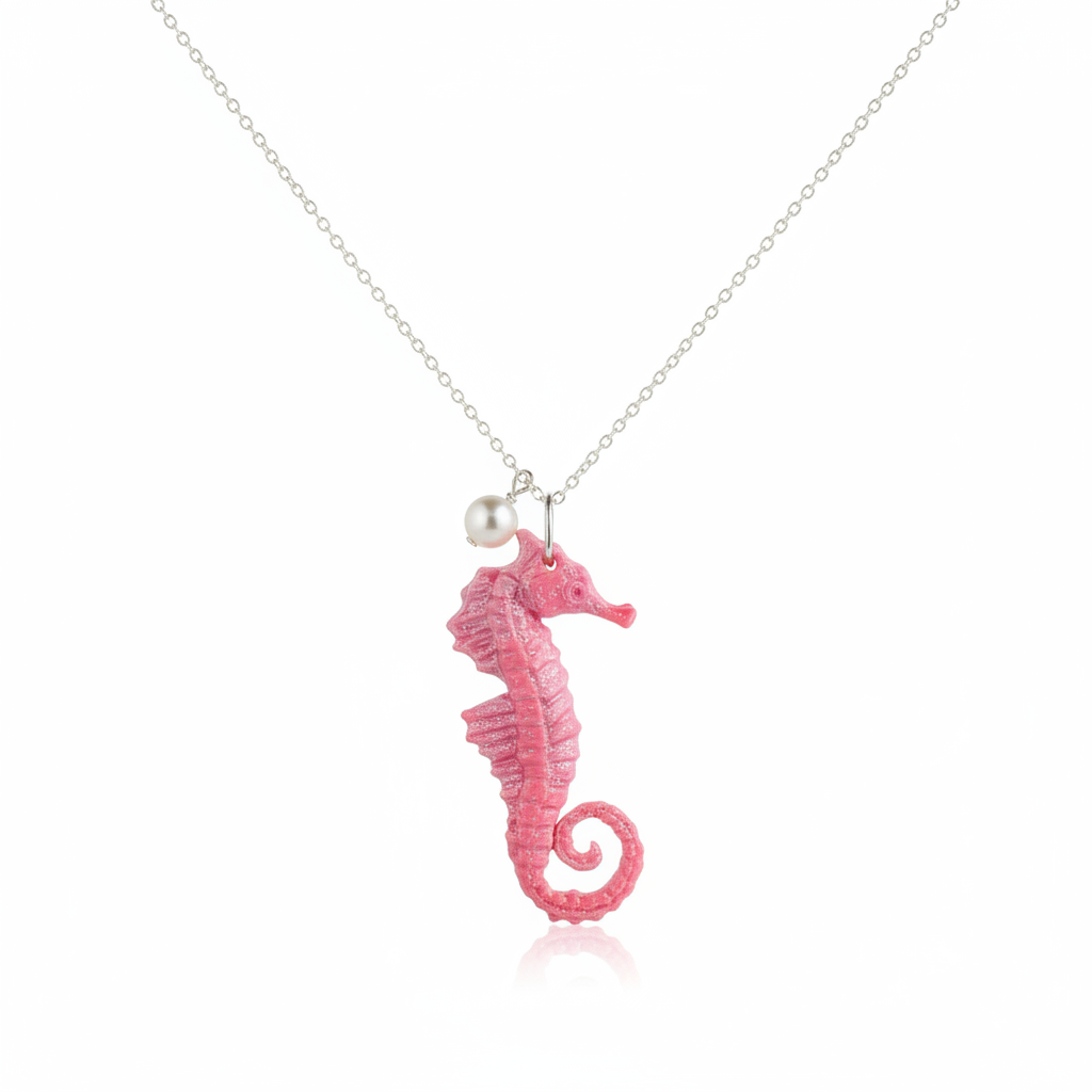 Handcrafted pink polymer clay seahorse pendant hanging on silver chain showing intricate details and pearl