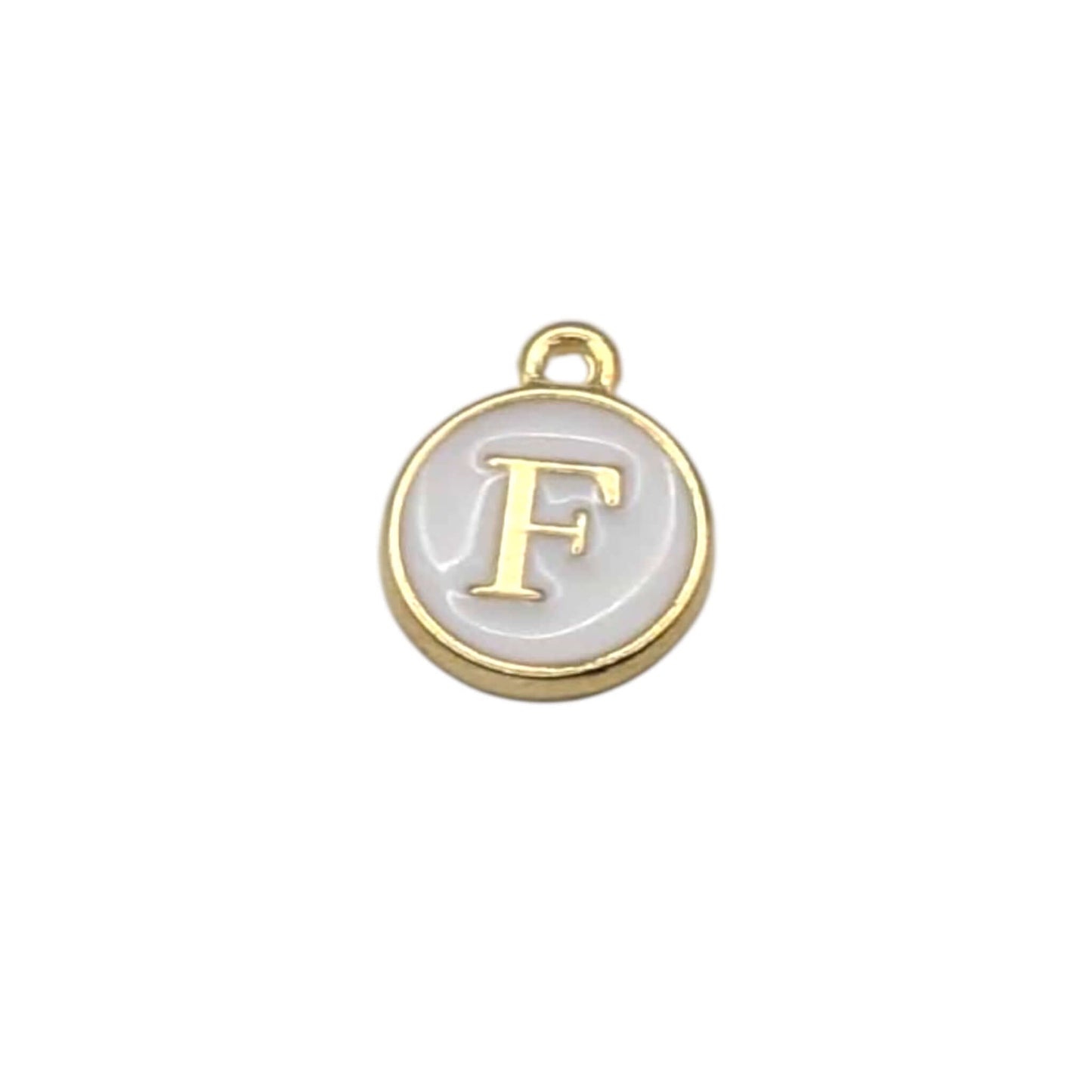 Gold pendant with letter 'F' on a white background