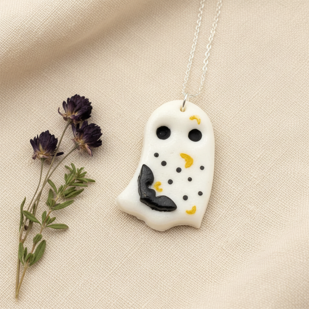 Ghost-shaped pendant necklace with dried flowers on a beige fabric background