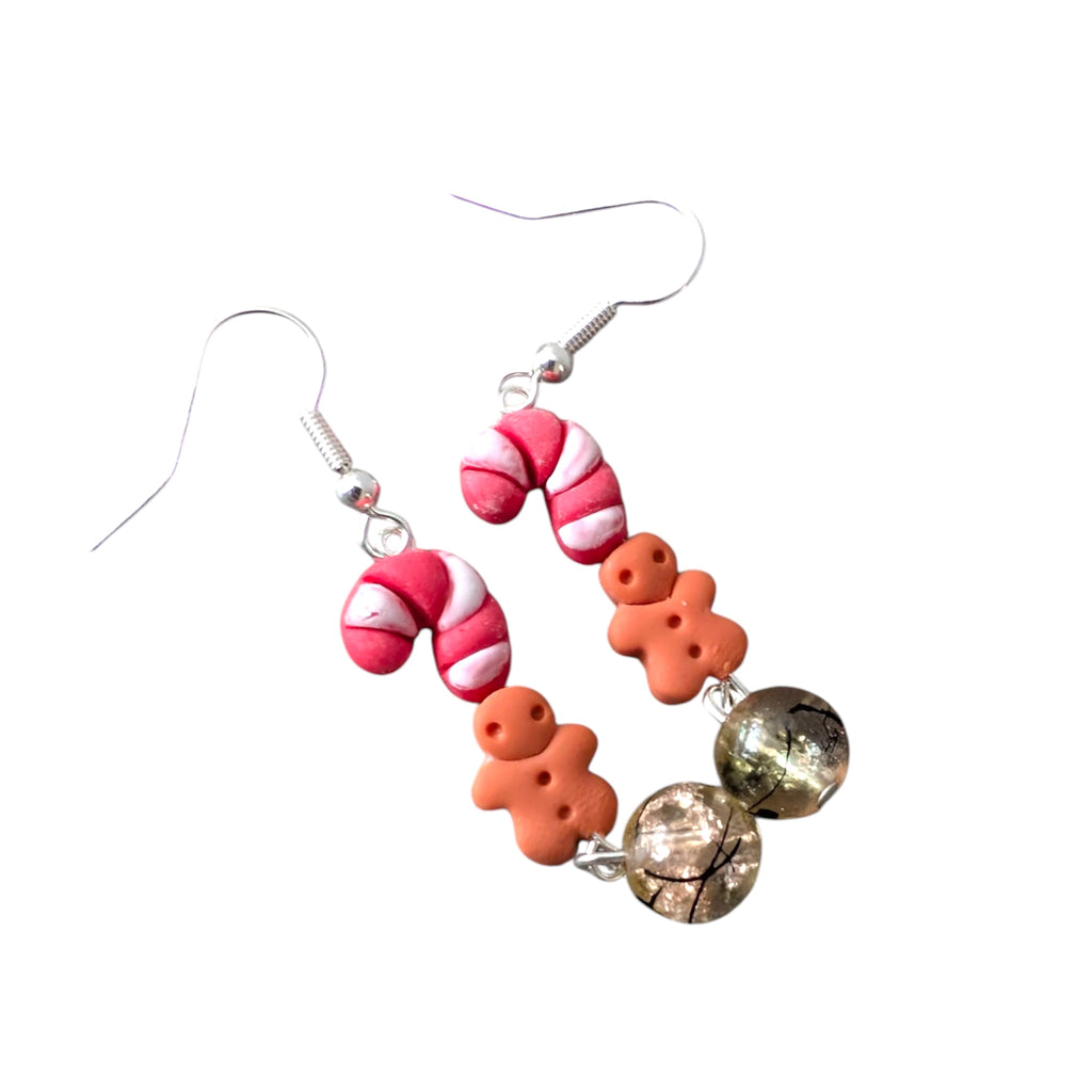 Handmade polymer clay gingerbread man and candy cane earrings with silver plated ear wires, cute festive jewellery gifts 