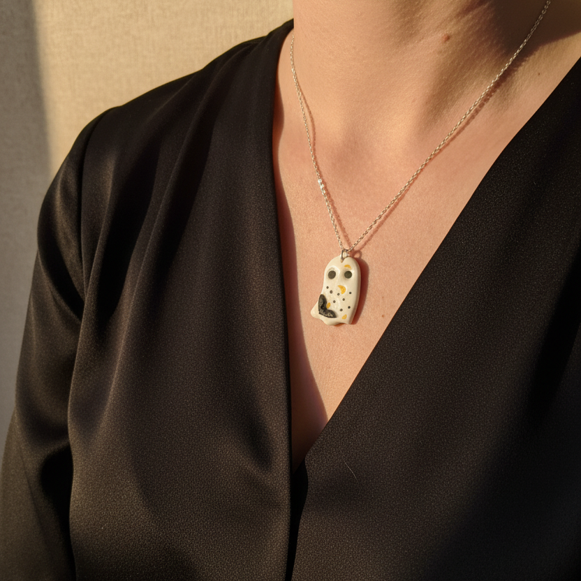 Polymer clay handmade ghost pendant necklace, Halloween jewellery UK