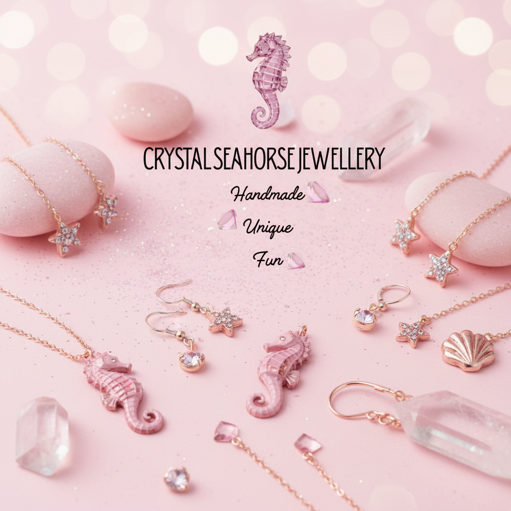 Crystal seahorse jewellery on a pink background with 'Crystal Seahorse Jewellery' text.