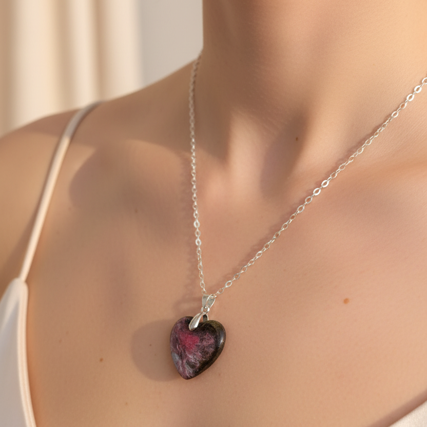 Heart necklace worn on neck line with silver chain and intricate details inside 