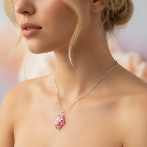 Pink Resin Crystal Shard Necklace 18" | Iridescent Aurora Pendant | Handmade Gift for Her