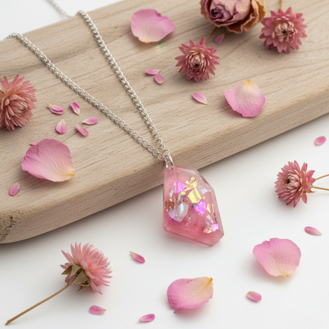 Pink Resin Crystal Shard Necklace 18" | Iridescent Aurora Pendant | Handmade Gift for Her