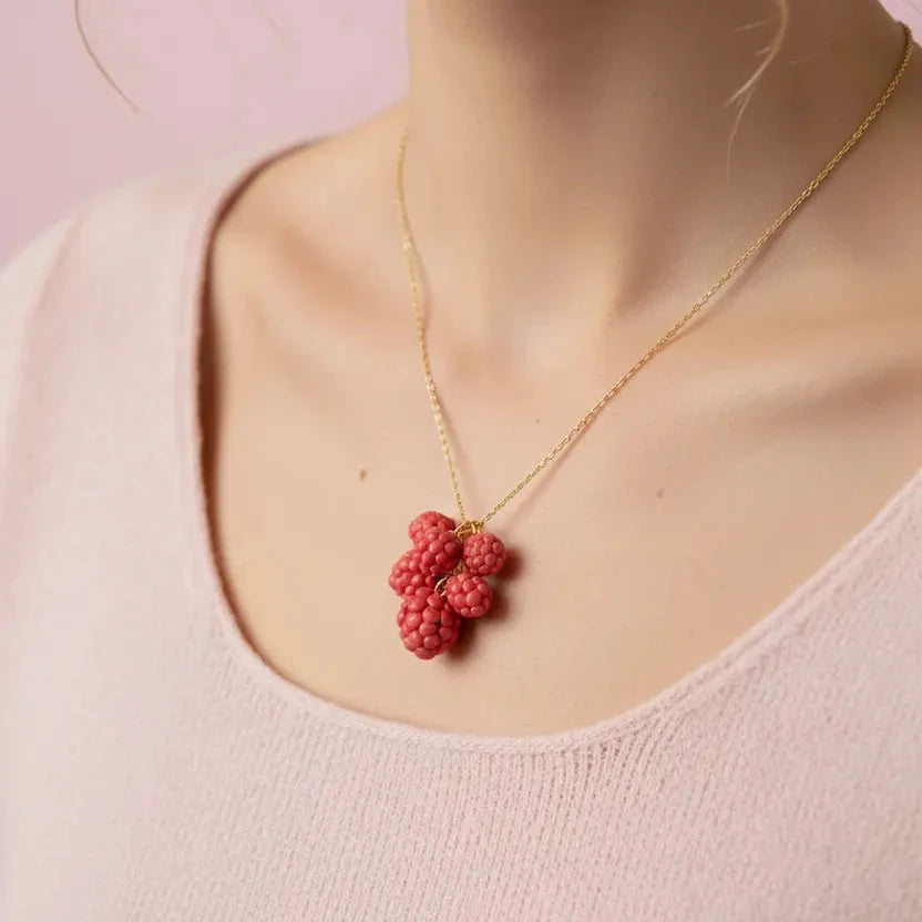 Raspberry Necklace, Gold Berry Jewellery, Miniature Cottagecore Fruit Pendant