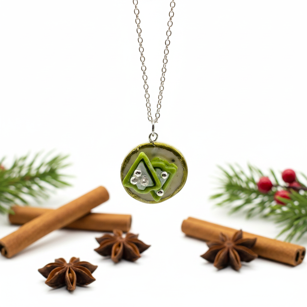 Christmas Tree Biscuit Plate Necklace on white background with festive decoration