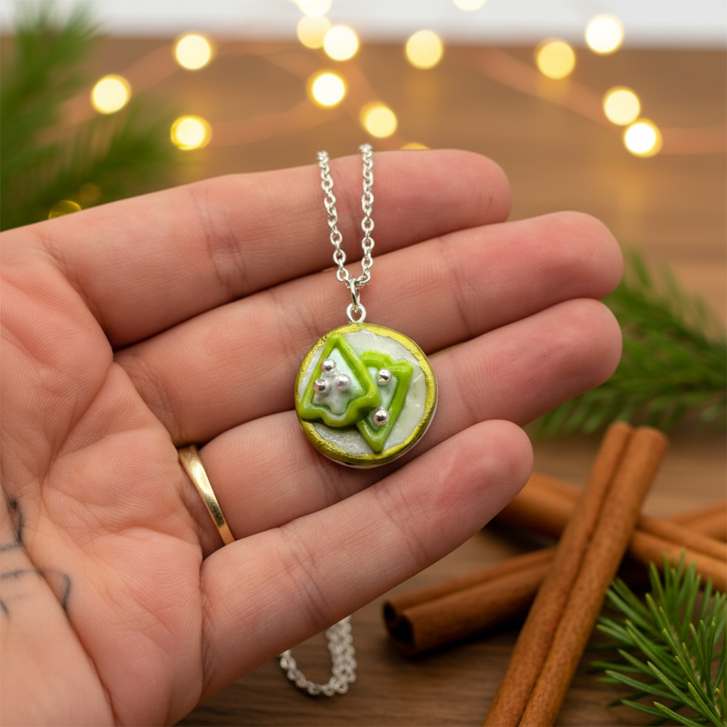 Christmas Tree Biscuit Plate Necklace held in hand to show coin-sized scale