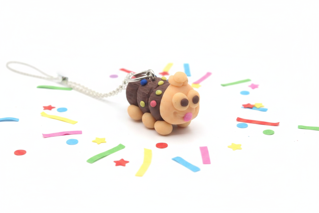 Caterpillar Cake Necklace with polymer clay pendant on white background with confetti