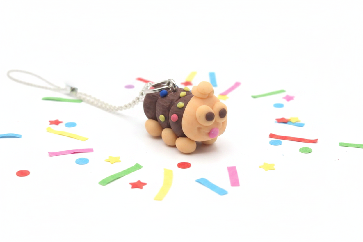 Caterpillar Cake Necklace with polymer clay pendant on white background with confetti