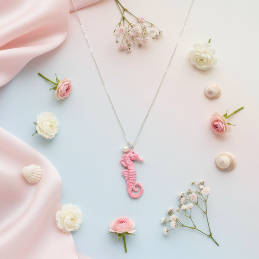 Pink seahorse necklace ocean aesthetic displayed on a pastel background with flowers and shells 