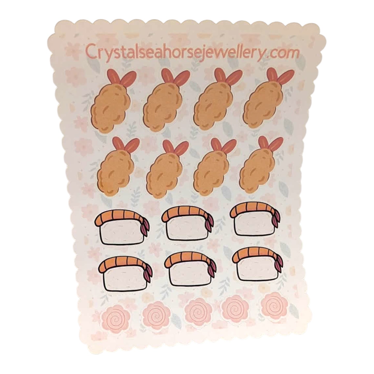 Sheet of cartoon sushi stickers with a decorative border and brand name.