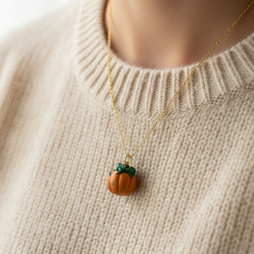 Necklace with a pumpkin pendant worn by a person in a beige sweater.