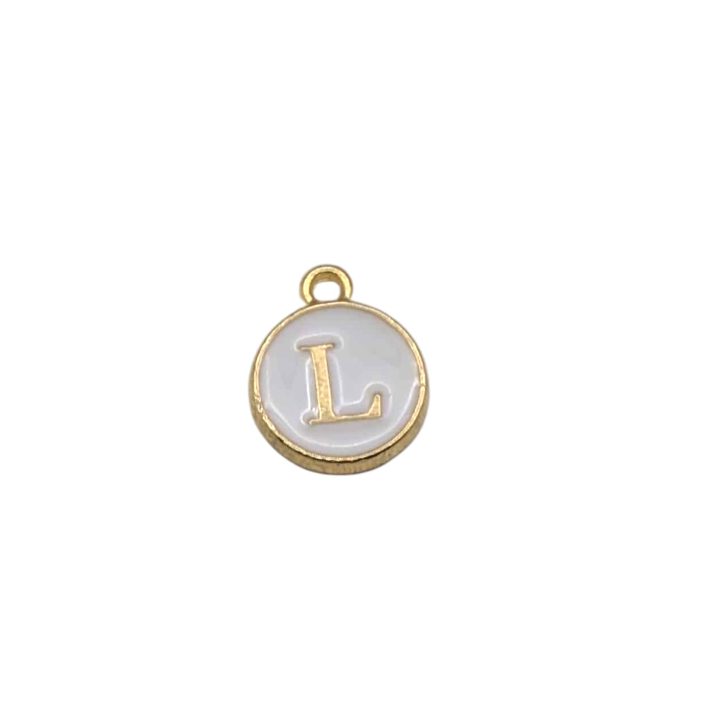 Gold pendant letter “ L “ on white background 