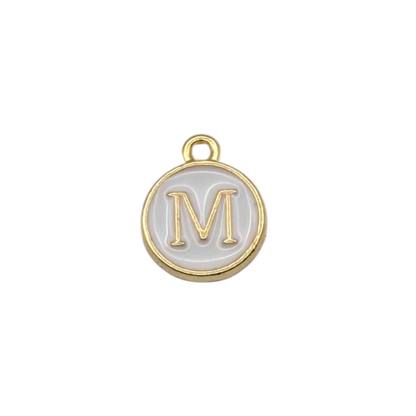 Gold pendant letter “ M “ on white background 
